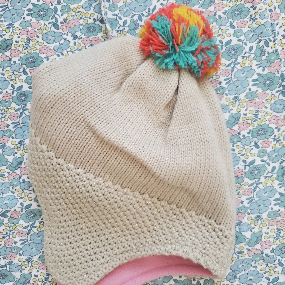 Mini Boden Cream Knit Pom Pom Hat